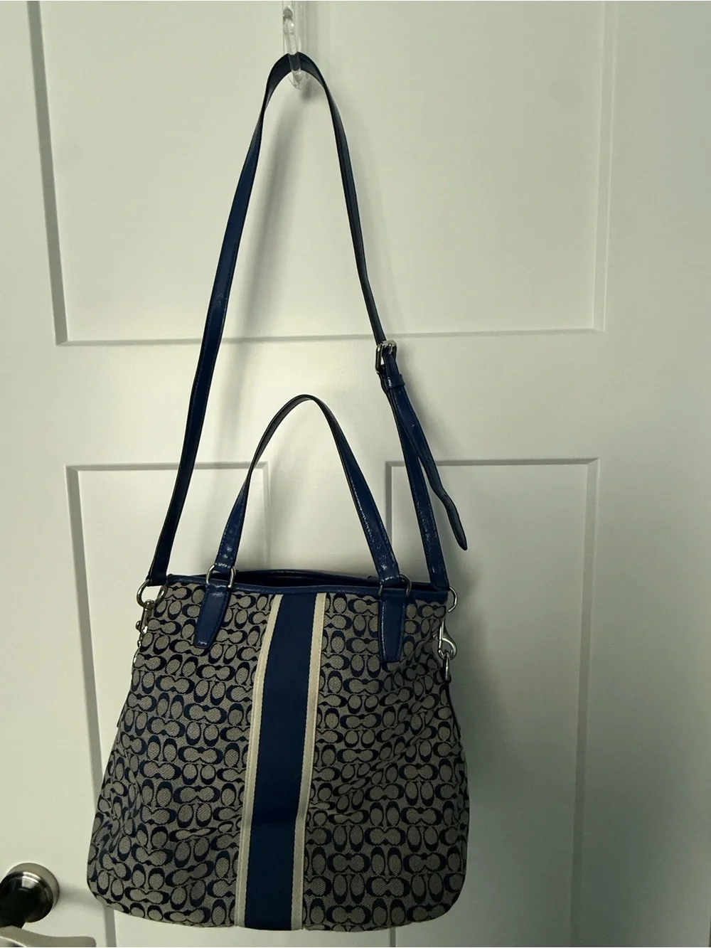 Coach Blue and Tan Signature Stripe Shoulder Bag